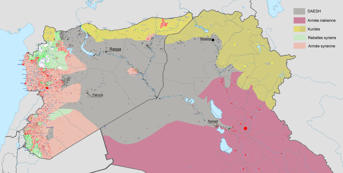 La situation du califat un an après son établissement. Cliquez pour agrandir et faire apparaître les villes du califat. 