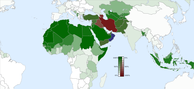 L'islam aujourd'hui, majorités sunnites(vert) chiites(rouge), ibadi (bleu)