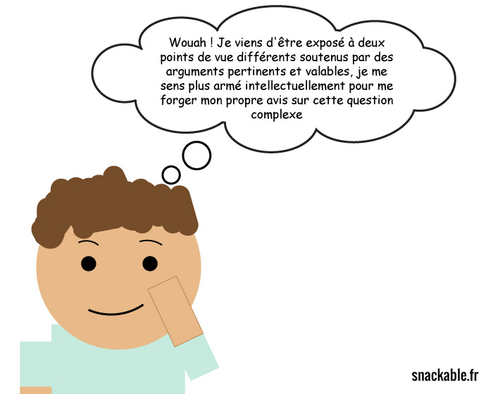 je viens d'être exposé à deux points de vue différents soutenus par des arguments pertinents et valable, je me sens plus armé intellectuellement pour me forger mon propre avis sur cette question complexe