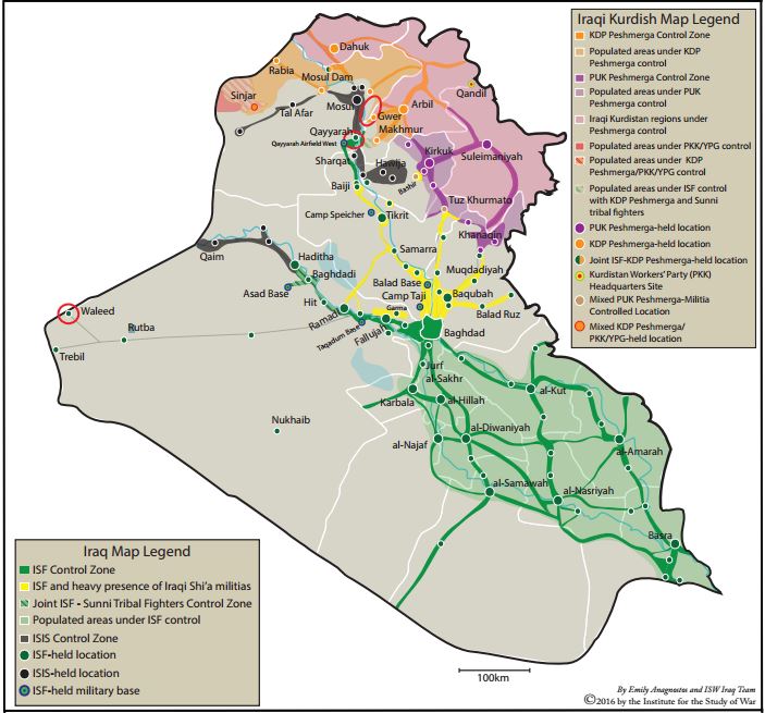 Contrôle du terrain en Irak le 25 août 2016 - Carte de l'ISW